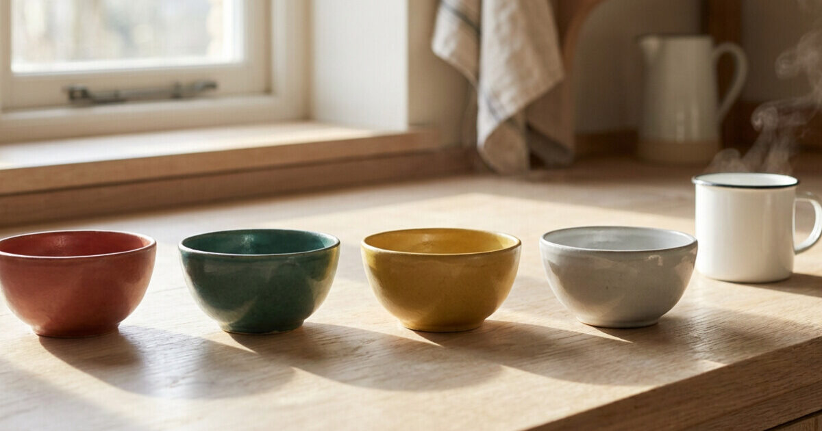 Four small ceramic bowls in red, teal, yellow and grey in a row on a sunlit oak kitchen worktop, with a steaming enamel mug beside them.