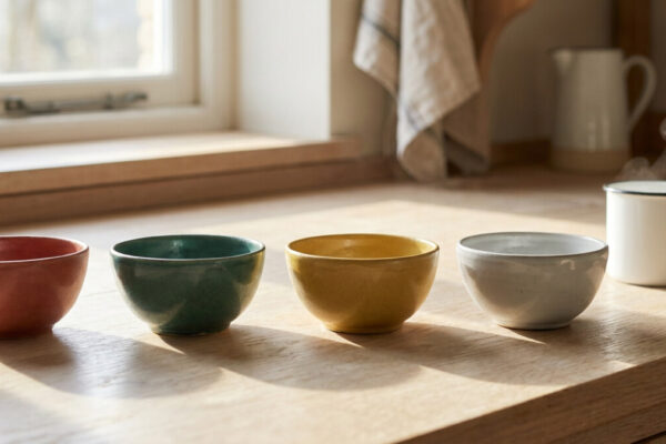 Four small ceramic bowls in red, teal, yellow and grey in a row on a sunlit oak kitchen worktop, with a steaming enamel mug beside them.