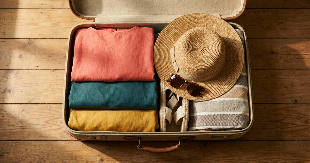 An open suitcase on a wooden bedroom floor at dawn, packed with folded clothes in coral, teal and mustard, a straw sun hat and sunglasses.