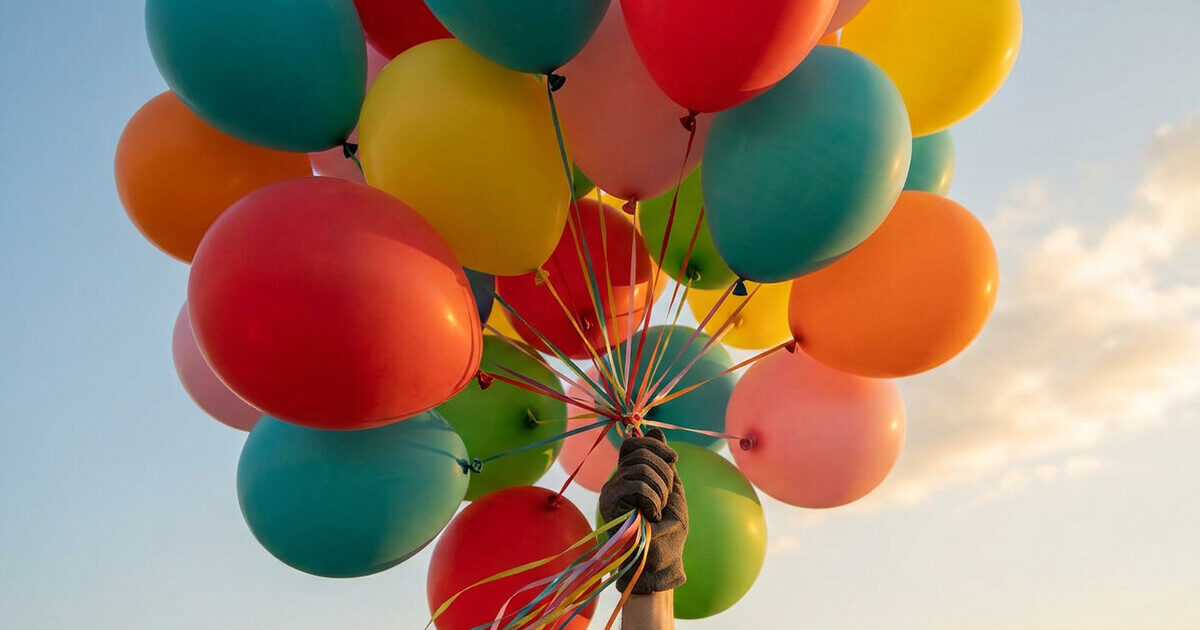 A bunch of brightly coloured balloons, their ribbons gathered into one hand against a bright sky.
