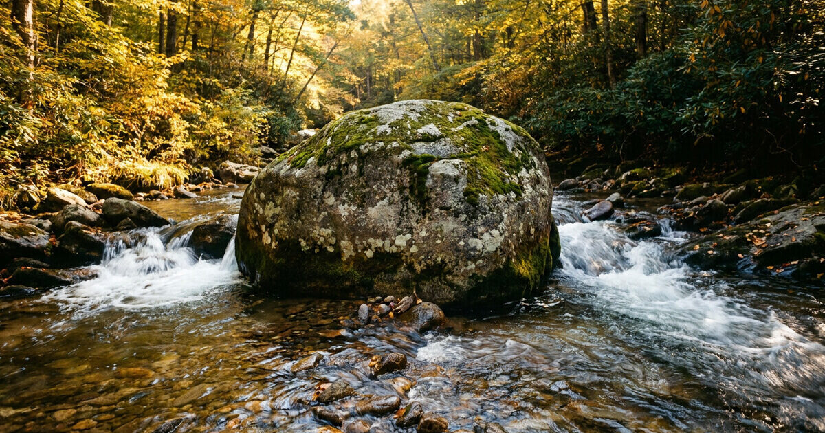 A moss-covered boulder standing firm in a fast-flowing woodland stream, autumn foliage on both banks
