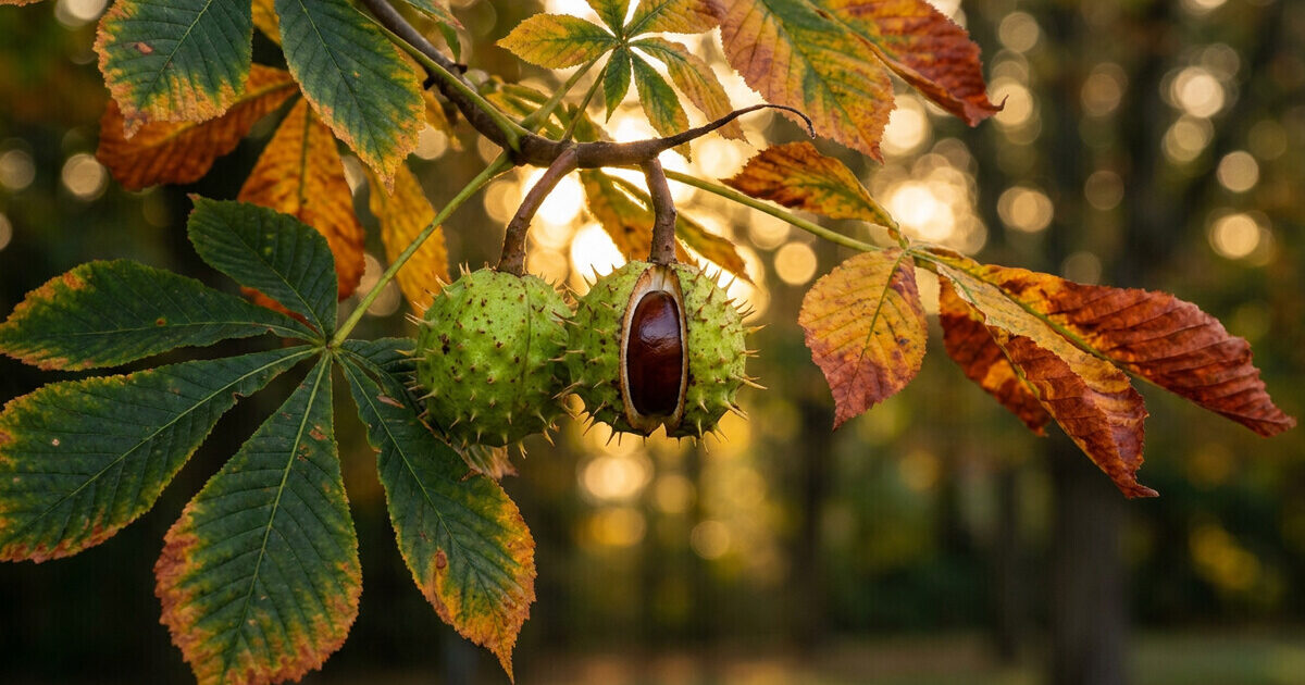 A horse chestnut branch in early autumn, with a split green case showing a glossy brown conker, backlit by low golden morning sunlight.