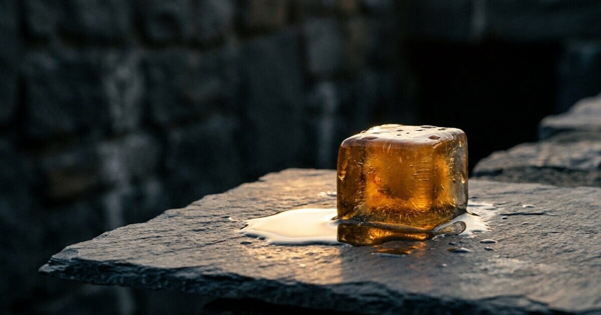 An amber-lit ice cube melting on dark slate with a pool of water beneath catching golden light